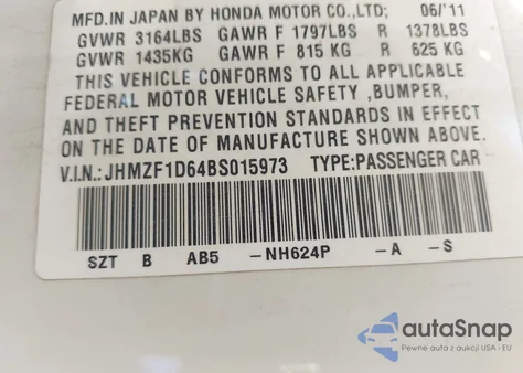 2011 Honda Cr-Z Ex из США, поврежденный, VIN JHMZF1D64BS015973